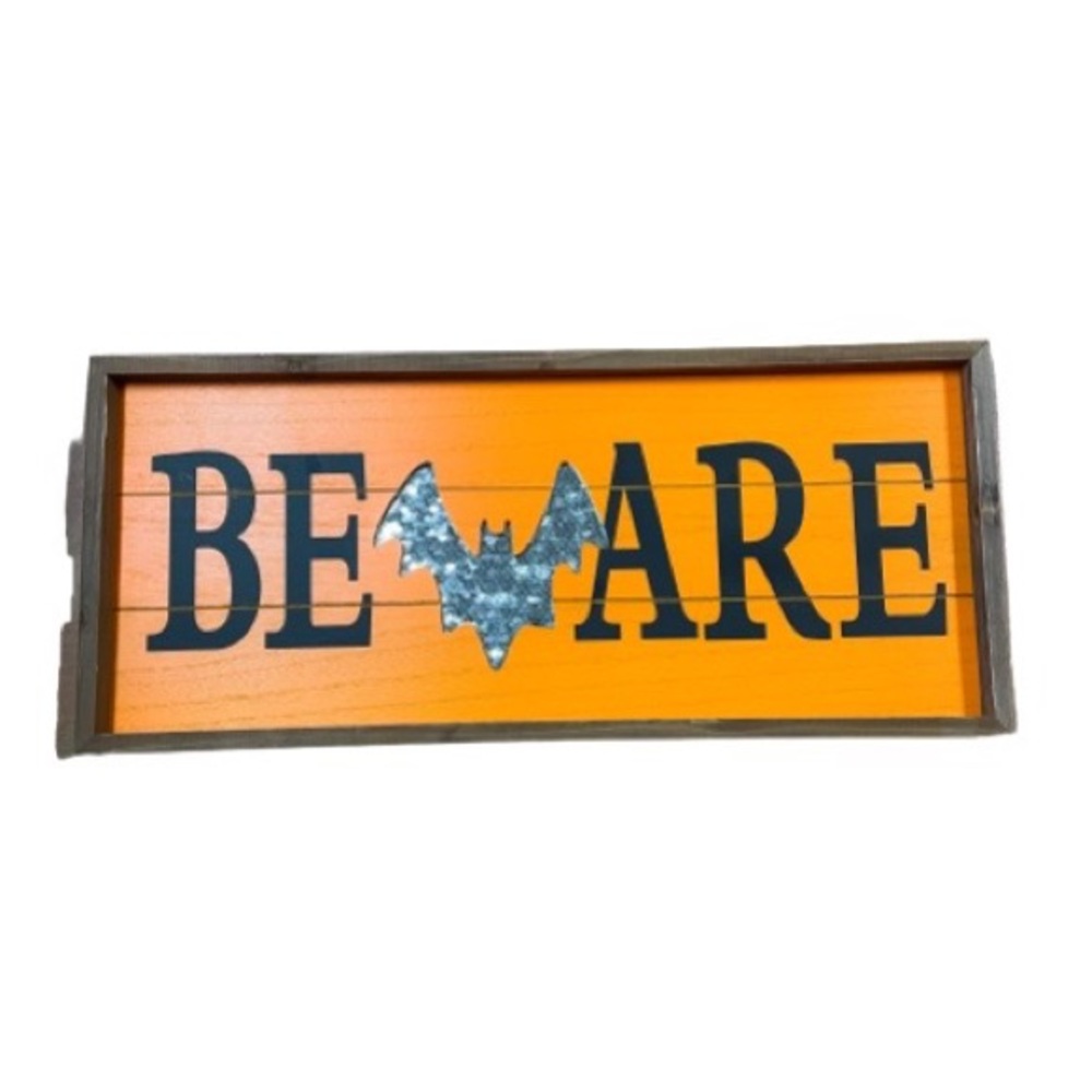 Home | “Beware” Sparkly Bat Halloween Sign Home Wall Decor 21 x 9.5” NWOT